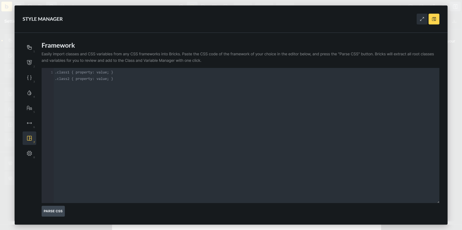 The Bricks Style Manager showing Renmoe's framework CSS and theme style imported