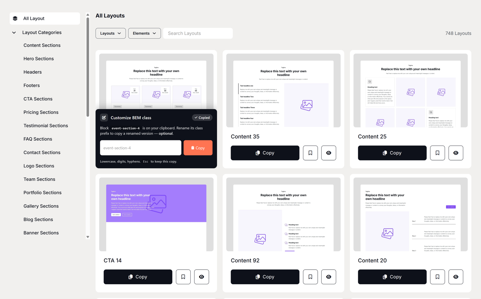 The Renmoe layout library with a Copy button on each layout